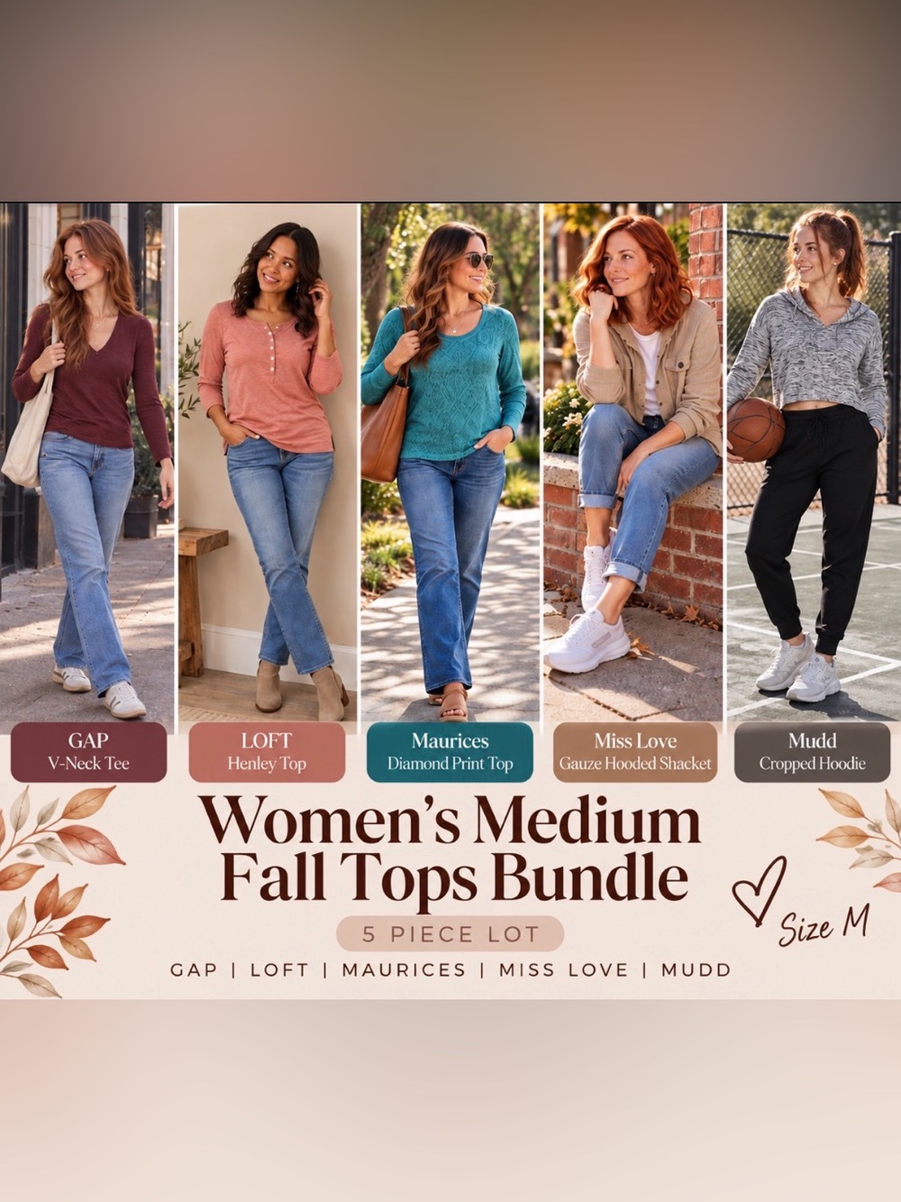 5 Pc Women’s Medium Fall Tops Bundle | GAP LOFT Maurices Miss Love Mudd